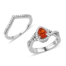 GORGEOUS!! Crimson Fire Opal  & Zircon Ring Set Platinum Plated Size 8