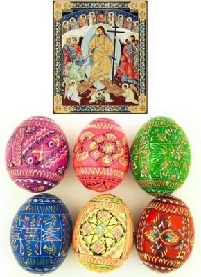 6 Pack Multicolor Hand Painted Wood Pysanky Eggs With Resurrection Icon 3 In