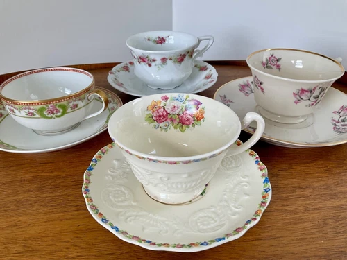 Mismatched China Tea Cups and Saucers ~ Set of 4 ~ Pink Florals ~Set D