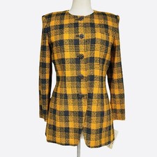 JOHN MEYER Of NORWICH Plaid Retro Blazer Size 6 Yellow Collarless Long Sleeve