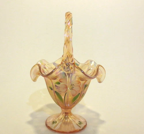 Fenton "Sunset"(?) Soft Peach Basket-hand painted pink floral design