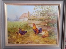 HARTMUT KEYSER *1948 ÖLGEMÄLDE Hühnerhof Hahn Küken Henne  DÜSSELDORF