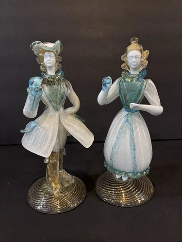 Vintage Murano Style Venetian Art Glass Harlequin Columbina Figurines Pair Gold