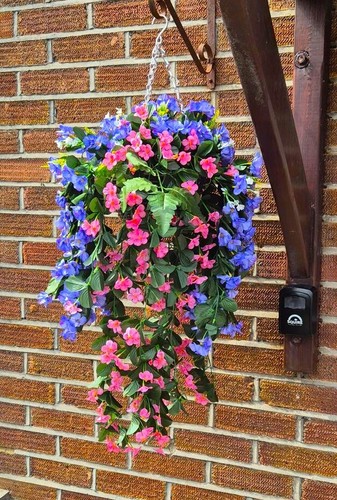Cesta colgante flores artificiales plantas maceta de jardín hoja de hiedra helecho follaje rosa - Imagen 6 de 13