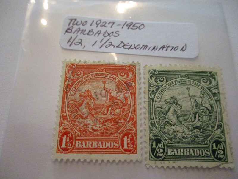 Two 1927-1950 Barbados Postage Stamps - 1/2, 1 1/2 Denomination