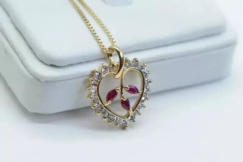 14k Yellow Gold Plated 3Ct Pear Lab Created Ruby Diamond Heart Pendant Necklace - Picture 3 of 4