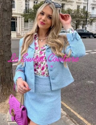 ZARA Set Blazer Skirt Sky Blue Textured   L Bloggers Fave Classy  2812 469