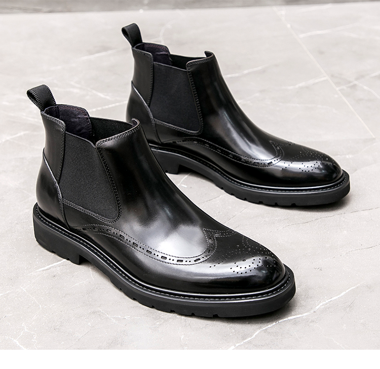 British Chelsea Boots Mens Genuine Leather High Top Business Brogue Carved Boots