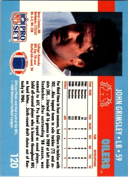 1990 Pro Set #120 JOHN GRIMSLEY - OILERS - Image 2 of 2