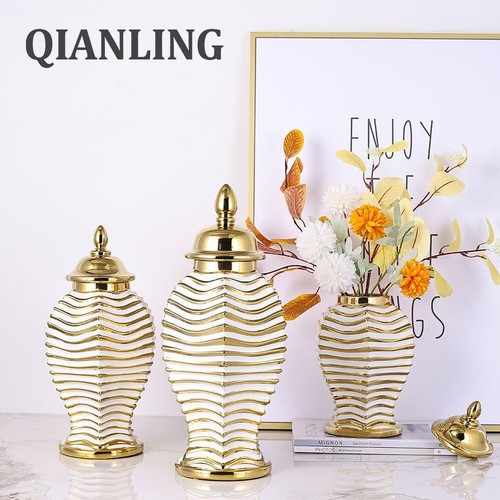 14.2" White and Gold Luxury Ceramic Ginger Jar Vase with Lid - Modern Ceramic... - Picture 6 of 7