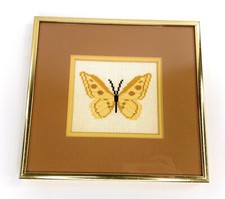 Vintage Framed Butterfly Cross Stitch Gold Wood Frame Cottagecore Wall Art 8x8