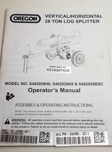 OREGON 28 Ton Log Splitter Operator's/Parts Manual - S402028H0, K0, BSC