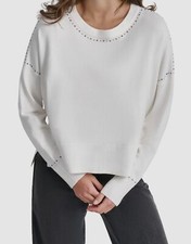 DKNY Women's White Studded Drop-Shoulder Crew-Neck High-Low-Hem Sweater Size XS
