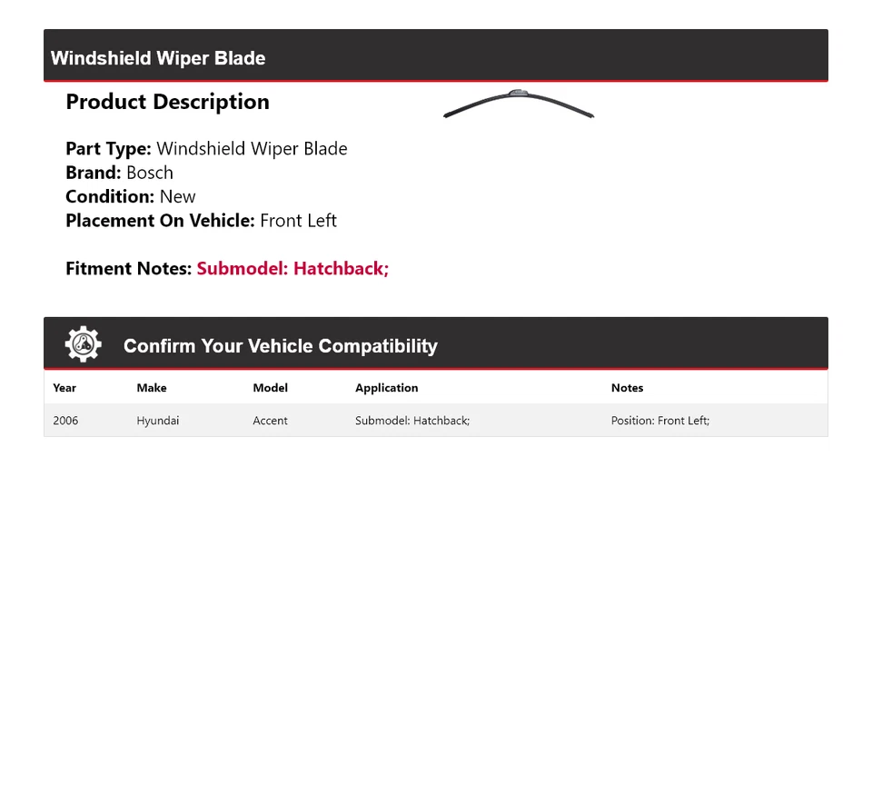 For 2006 Hyundai Accent Hatchback Bosch ICON Windshield Wiper Blade Front Left - Image 2 of 4