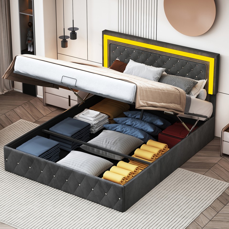 WOBOPCG Polsterbett 160x200 Mit Stauraum & LED - Hydraulisches Funktionsbett