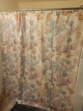 Caribbean Joe Beige Nautical Seahorse Shell Print Polyester Shower Curtain