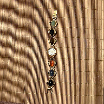 Vintage 80s Gold Scarab Multi-Stone Cabochon Bracelet Watch   Genuine Stones