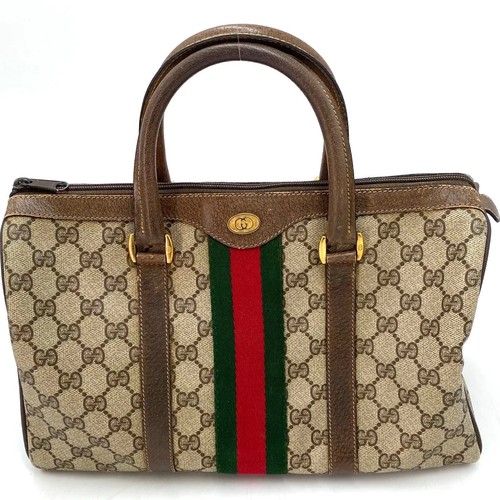GUCCI GG Sherry Line Vintage Mini Boston Handbag Canvas Web Stripe Used Japan