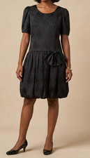 Vintage 80 Black Short Sleeve Dress Bow Puff Rose Print Prom Midi Size 10-12