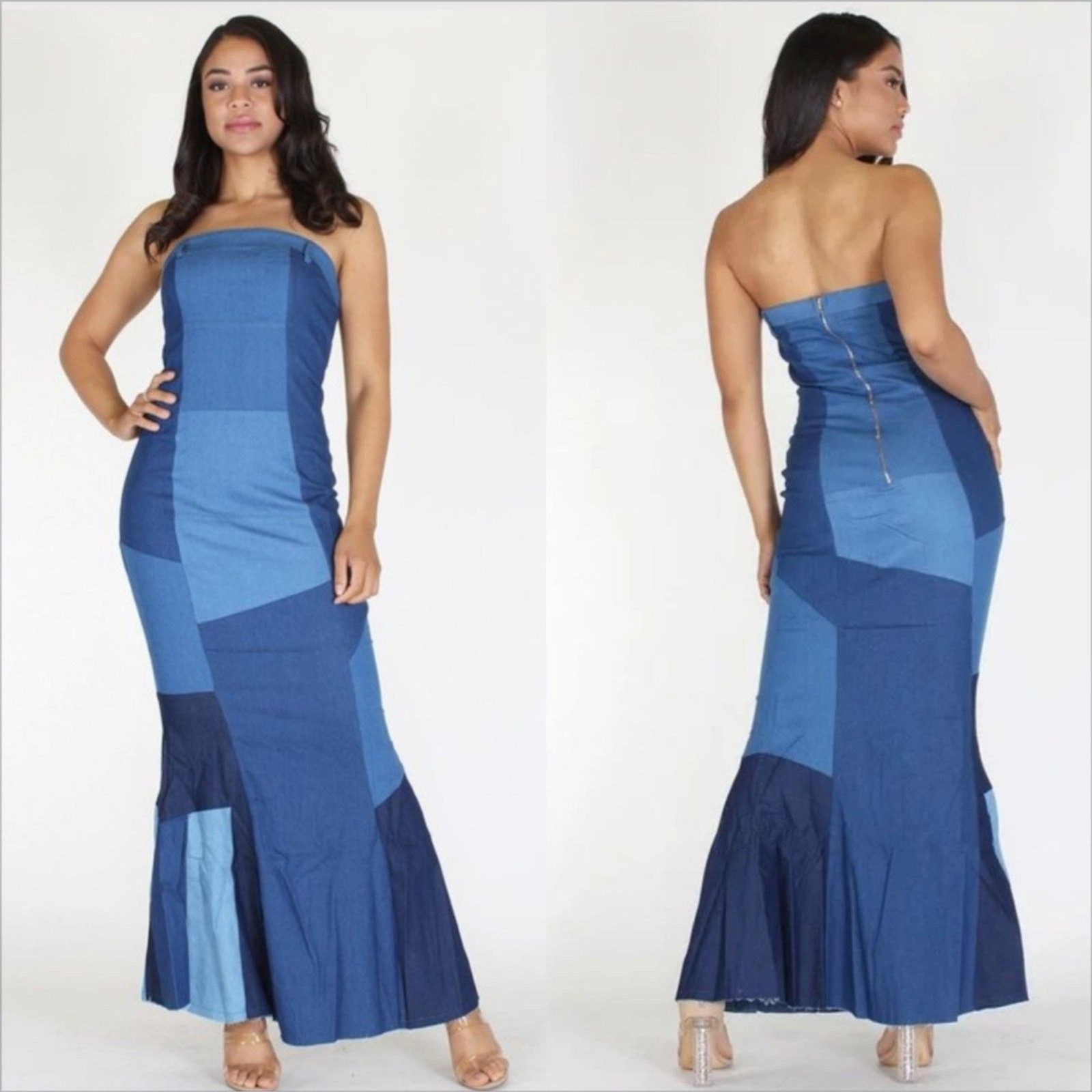 Touch Me Denim Patchwork Strapless Maxi Dress Siz… - image 1