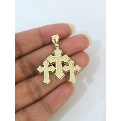 Real 10K Gold Triple Cross Pendant Charm Religious Faith Gift