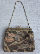    Vintage 1930s Art Deco Tapestry Evening Bag with Brass Floral Frame