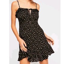 Free People Black Floral Ruffle Hem Mini Slip Dress Sleeveless XS Side Button Ra