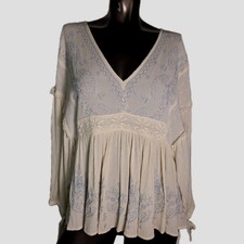 American Eagle Boho Blouse Vneck Tie Sleeve Ivory/blue Medium Baby Doll Large