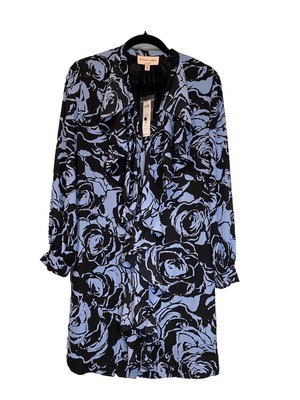 NEW Black Label Chicos Dress XS Black/Blue Ruffle Front Floral Evening Workwear