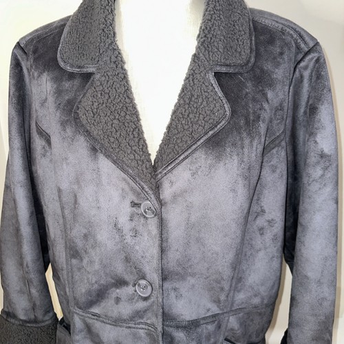 D & Co Jacket Womens XLarge Gray Faux Suede Sherpa Lined Button Up Coat Pockets - Picture 4 of 13