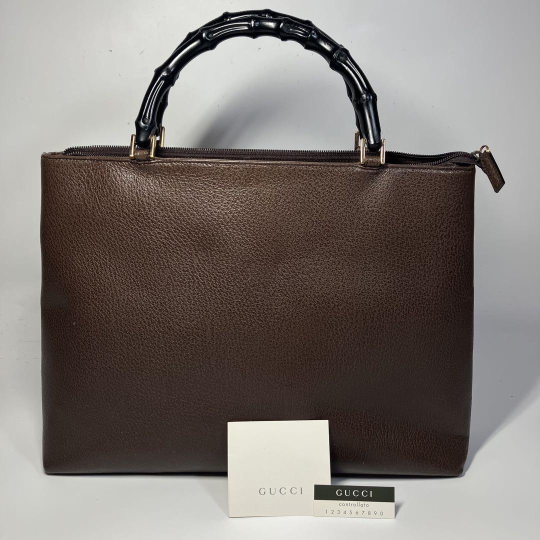 GUCCI Authentic Dark Brown Leather Bamboo Tote Handbag Pre-Owned