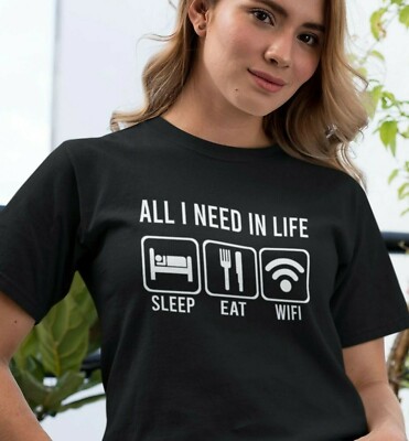 SLEEP EAT WIFI T-SHIRT NEUHEIT SPRUCH DESIGN GEEK NERD COOL GESCHENK GESCHENK T-SHIRT TOP