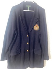 LAUREN Ralph Lauren Navy 3 button Wool Blazer Jacket Crest Crown Logo Pkt 12P