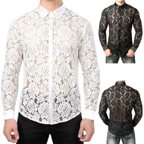 T-shirt maglietta uomo maglia pizzo trasparente floreale trasparente con bottoni nuova moda - Foto 3 di 14