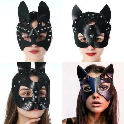 MARKENLOS Schwarze Leder Katzenmaske Katzen Maske Catwoman Maske Cat Halbmaske Fasching