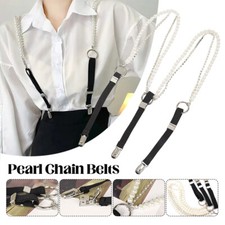 Slim Pearl Chain Suspenders Belts for Women Rhinestone Strap Shirt Clip Decor