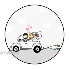 30 WEDDING BRIDE AND GROOM IN CAR ENVELOPE SEALS LABELS STICKERS 1.5" ROUND