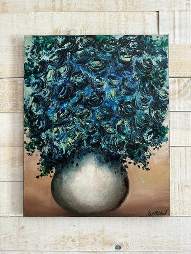 Oil Painting Contemporary Abstract Blue Flowers in Vase on Canvas 16 by 20 AMA - Picture 2 of 12