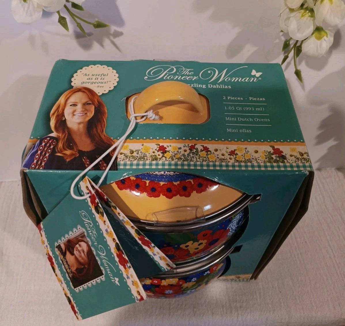 Set Of 2 Pioneer Woman - Dazzling Dahlias Mini Dutch Ovens 1.05Qt. 993ml