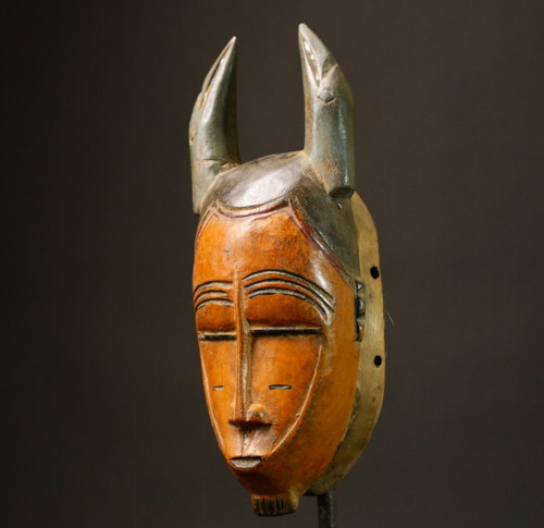 African Mask Horned Tribal Hand Carved Wood Vintage African Art Decor -9229