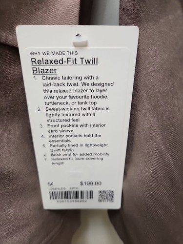 NWT$198 Lululemon Women's Relaxed-Fit Twill Blazer- Taupetastic TPTC - Size M - Picture 3 of 4