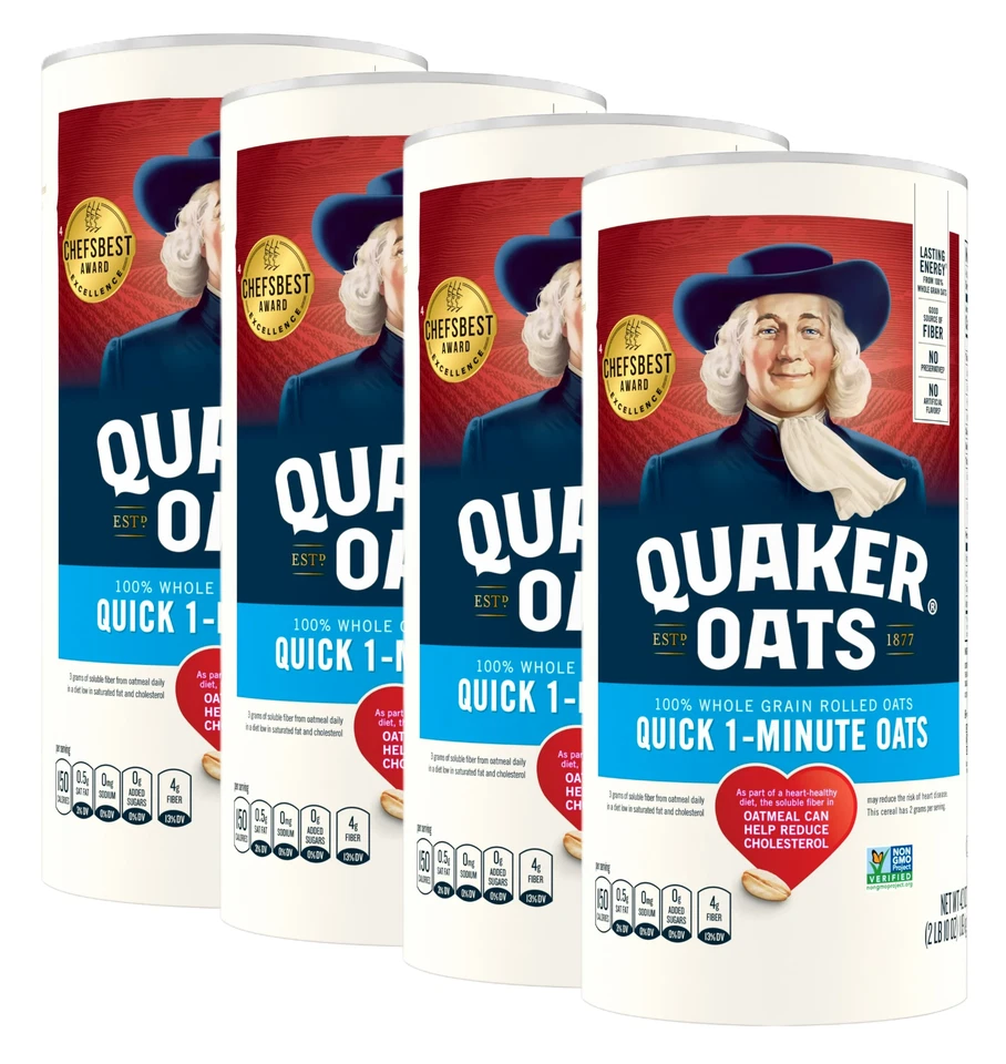 (4 Pack)Quaker Quick 1 Minute Oats, Oatmeal, Quick Cook, 42 oz Canister Dry Oats