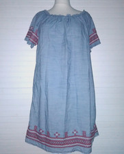 DESIGNER TU BLUE EMBROIDERED FOLK STYLE 100% COTTON MINI DRESS UK 18 LENGTH 38"