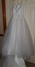 WHITE BEADED BODICE WEDDING DRESS SPAGHETTI STRAP BALL GOWN TULLE  SATIN SZ 4-5