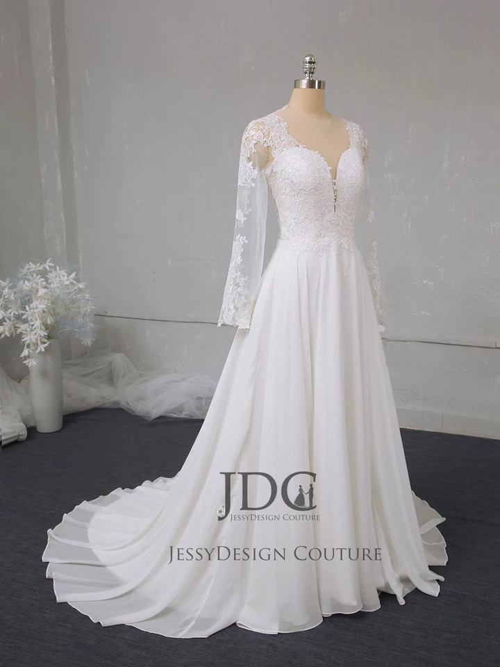 Einfaches Langarm Chiffon Spitze Brautkleid Hochzeitskleid Maßgeschneidert n.Maß - Bild 4 von 4