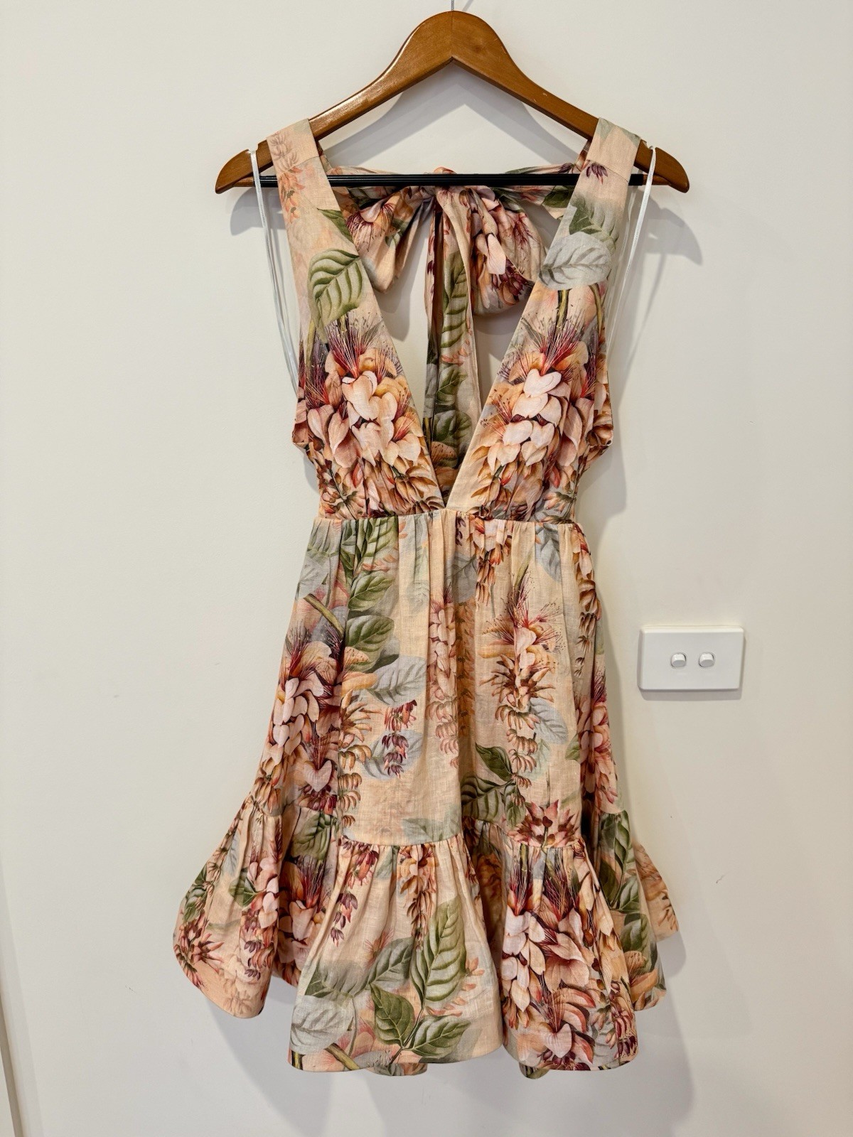 Zimmermann Dress Size 1/AU 10/US 6 Candescent Swing Linen Floral Plunge Mini