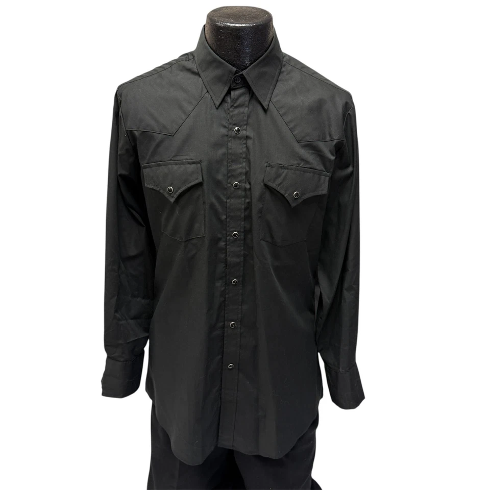 Vtg 90's Ely Plains Men's Solid Black PEARL SNAP Cowboy WESTERN Shirt 15 1/2 - Image 2 of 4