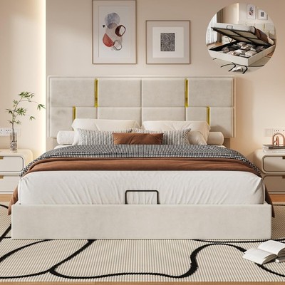 Queen Size Velvet Upholstered Storage Bed Frame Hydraulic Lift Up No Box Spring