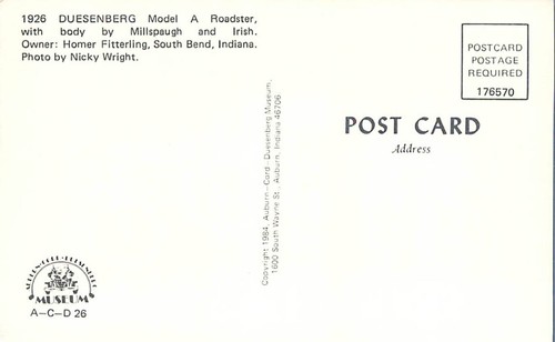 1928 Model A Roadster Duesenberg Museum Auburn Indiana Postcard - Picture 2 of 2