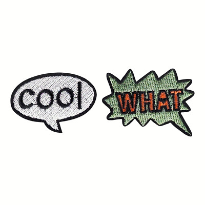 ''WHAT'' and ''COOL'' Comic Book Captions Embroidered Iron On Patches - NEW